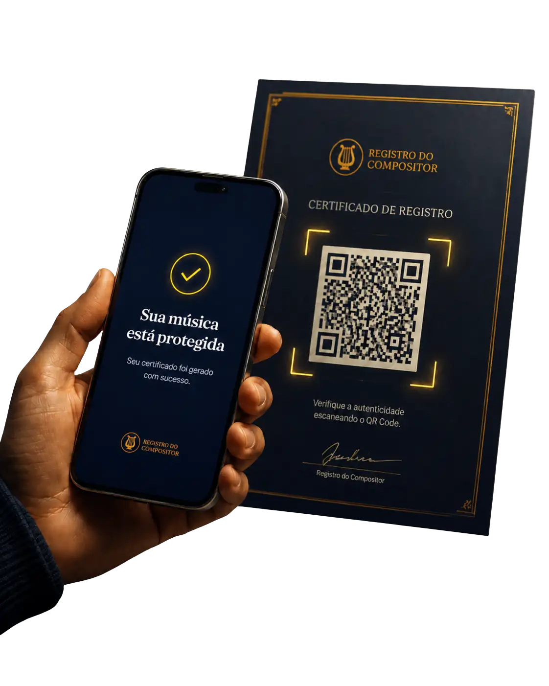 Mão segurando o celular com a confirmação 'Sua música está protegida' ao lado do certificado de registro com QR Code